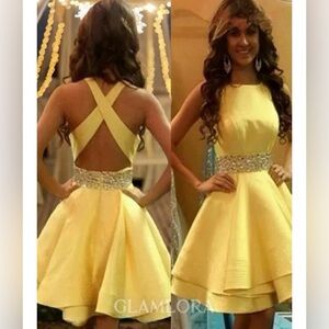 NWT STACEES SZ 0 YELLOW HALTER SATIN MINI HOMECOMING EMBELLISHED DRESS $380